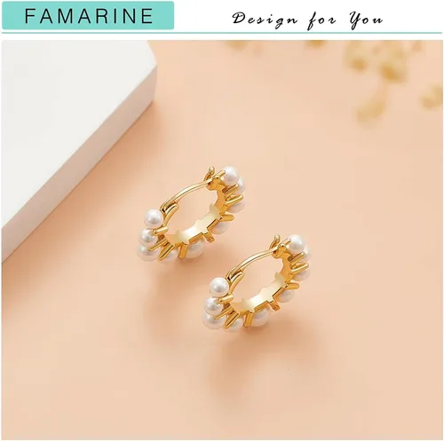 Vista 5 de FAMARINE Aretes de aro de perlas para mujer, aros de perlas ligeros para niñas
