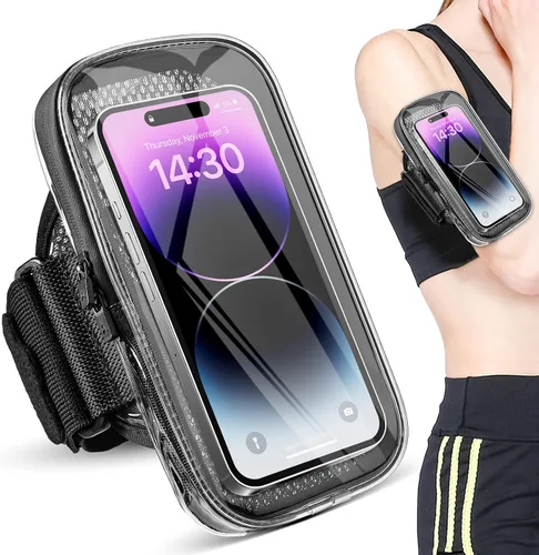 Vista 8 de Brazalete porta teléfono de 3 bolsillos para correr para iPhone 16 15 14 Pro Max 13 Plus 12 11 XS XR X 8 7 Galaxy S23, bolsa para llaves y tarjetas