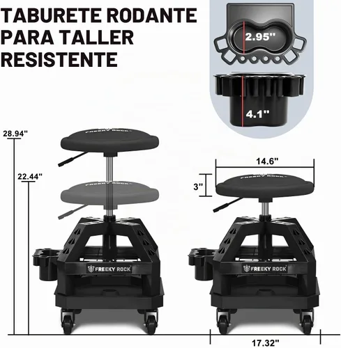 Vista 2 de Taburete de taller rodante con ruedas, taburete de trabajo de garaje resistente para mecánicos, altura ajustable de 22.44"-28.94", silla giratoria
