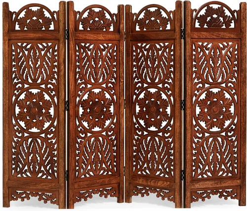 Vista 17 de Lightnpro - Divisor plegable con bisagras de madera con diseño de corazón de madera, 4 paneles con diseños intrincadamente tallados, premontado
