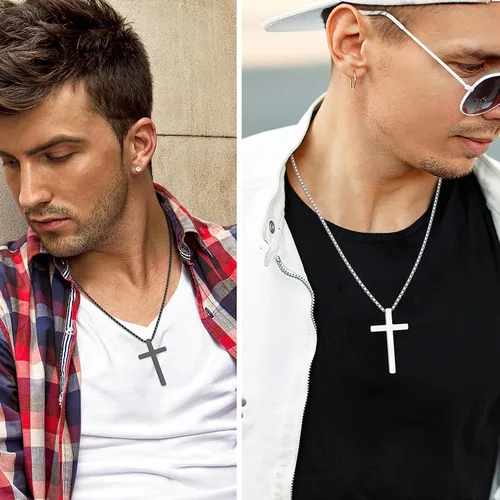 Vista 2 de 2 collares de cruz para hombres, plata y negro para hombre, collar con colgante de cruz de acero inoxidable para hombres, regalos de joyería
