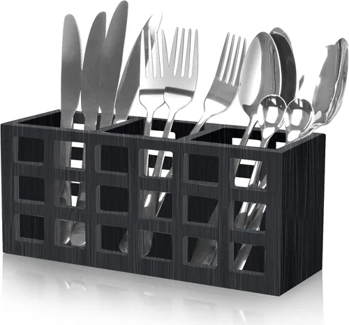 Vista 8 de Organizador de cubiertos de madera de granja, organizador de utensilios de madera de acacia, organizador para cocina, fiesta, tenedor, cuchara