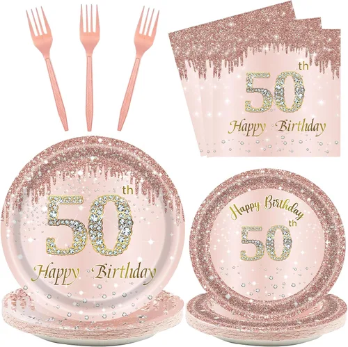 Vista 23 de 24 juegos de decoración de cumpleaños de oro rosa para niñas 1 juego de platos y servilletas y tenedores suministros de fiesta para niños de 1 año