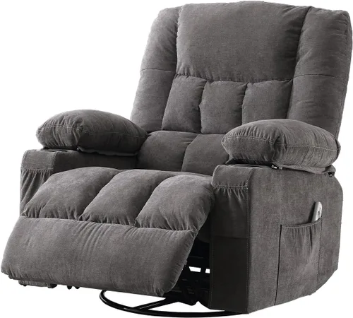 Vista 7 de Silla reclinable giratoria para adultos, reclinable de gran tamaño con masaje por vibración y calor lumbar, mecedora ergonómica con bolsillo