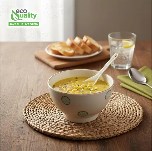 Vista 5 de [Paquete de 100] Cucharas de sopa asiáticas desechables para comedor, cucharas de sopa china de plástico blanco para ramen, pho, transparente