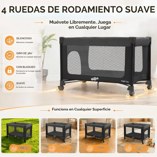 Vista 5 de Pamo Babe Pack and Play con moisés Magic Fold Playard 1 Step Set Plegable Corralito para bebé con cambiador portátil corralito gris