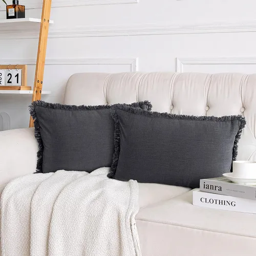 Vista 23 de Paquete de 2 fundas de almohada de lino con borlas con flecos decorativas rústicas naturales para cojín de sofá, sofá, dormitorio 16 x 16 pulgadas