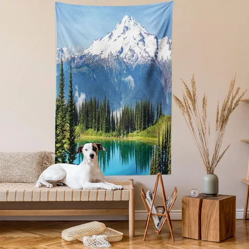 Vista 2 de Ambesonne Tapiz de paisaje, lago y pico glaciar nevado en Estados Unidos, ilustración de bosque de pinos altos, colgante de pared para dormitorio