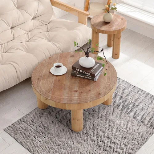 Vista 4 de RUSTOWN - Mesa auxiliar redonda de 2 piezas con patas gruesas de madera maciza Rustic Coffee Table Sets, Natural Circle Wooden Ring Finish