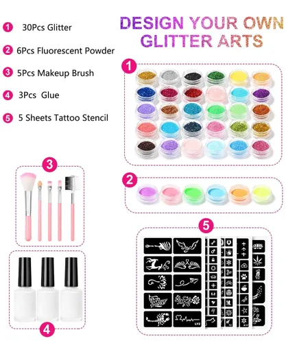 Vista 3 de Kit de tatuaje temporal con purpurina para maquillaje de niños, 30 purpurina corporal, 3 pegamento de purpurina, 5 hojas de plantillas de tatuajes