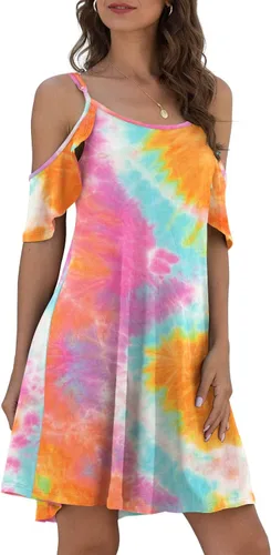 Vista 2 de Jouica Vestido de verano casual con tirantes delgados para mujer, hombros descubiertos, mangas con volantes y bolsillo