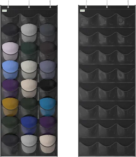 Vista 10 de Estante para gorras de béisbol, organizador de 24 bolsillos para colgar en la puerta con bolsillos profundos transparentes para mostrar la colección
