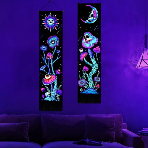 Vista 3 de Paquete de 2 tapices verticales de luz negra, sol y luna, calavera de hongos, fantasía, floral, fondo espacial de galaxia, para colgar en la pared