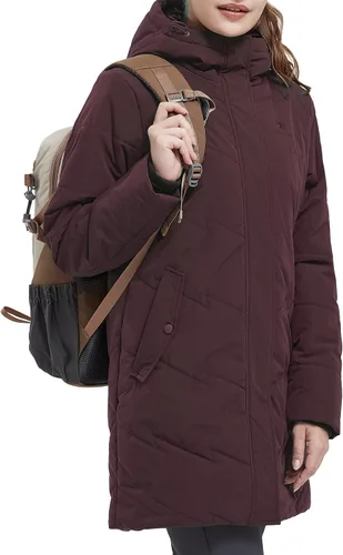 Vista 7 de CAMEL CROWN Chaqueta de invierno para mujer, con capucha, cálida, acolchada, acolchada, larga, de algodón, parka, Camello