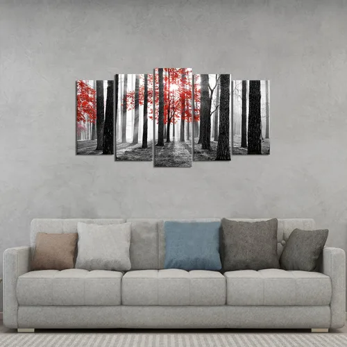 Vista 2 de Kalormore 5 piezas de arte para pared, diseño de árbol de la vida, bosque brumoso en blanco y negro, arte sobre lienzo, paisaje, naturaleza