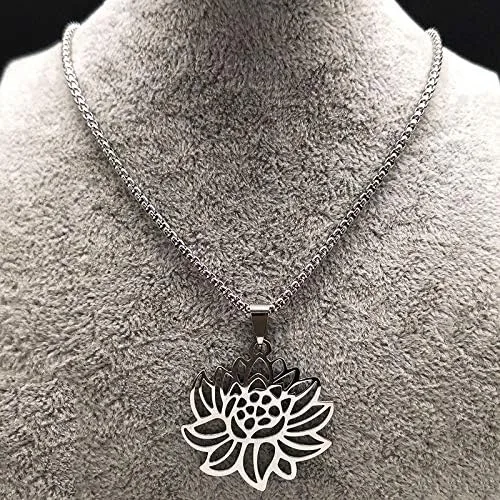 Vista 4 de 2024 Yoga Lotus Stainless Steel Statement Necklace Women Silver Color Necklaces Pendants Jewelry Bisuteria