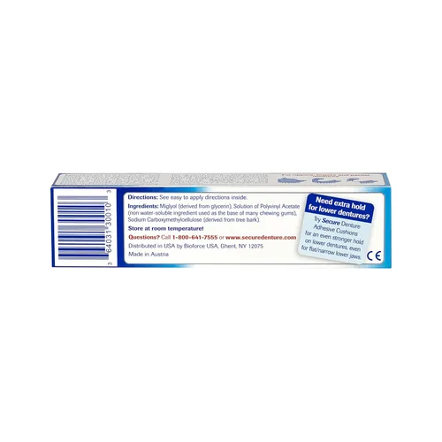 Vista 2 de Secure Adhesivo impermeable para dentaduras postizas, sin zinc, sujeción extra fuerte para superiores, inferiores o parciales, 1.4 onzas
