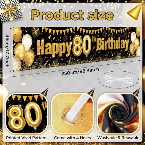 Vista 6 de Globos de decoración de cumpleaños n.° 80 y negro dorado para hombres y mujeres, pancarta de feliz cumpleaños n.° 80 para fiesta de cumpleaños n.°