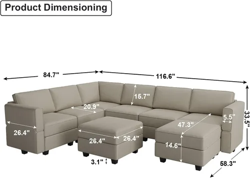Vista 2 de Belffin Sofá modular con asiento de almacenamiento, sofá grande en forma de U con sofá reversible de terciopelo con tumbona gris otomana