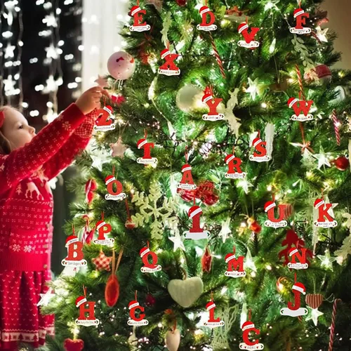 Vista 5 de Adornos de letras iniciales de Navidad personalizadas, sombrero rojo, letras de adorno para árbol de Navidad, decoración colgante de Navidad (A)