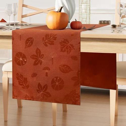 Vista 6 de Moosfor Camino de mesa rectangular de Acción de Gracias de 13 x 72 pulgadas, mantel jacquard impermeable de otoño con calabaza, hongos, manteles