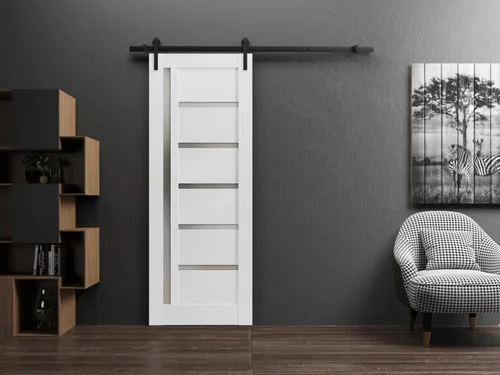 Vista 2 de SARTODOORS Puerta corredera de granero de 18 x 80 pulgadas Quadro 4088 Blanco / Negro Puerta de granero individual Herrajes MDF incluidos