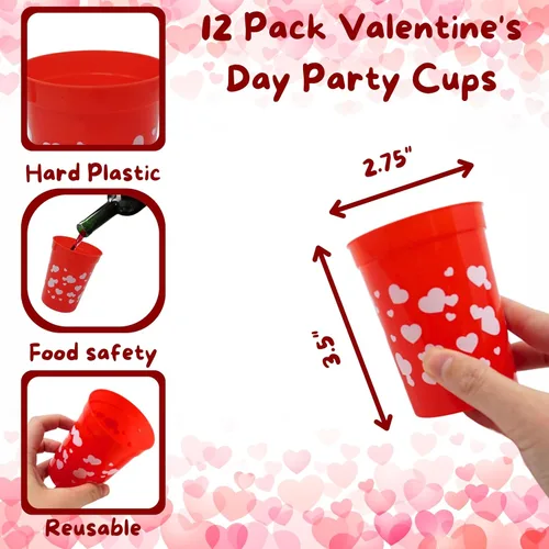 Vista 5 de 4E's Novelty Vasos reutilizables de plástico para el día de San Valentín para niños, 8 onzas, paquete de 12, vasos rojos con corazones, suministros