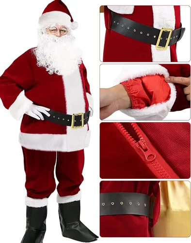 Vista 7 de Disfraz de Papá Noel para adulto, 9 piezas, traje de Papá Noel de felpa de lujo para hombre, disfraz de Papá Noel para hombres, conjunto de traje