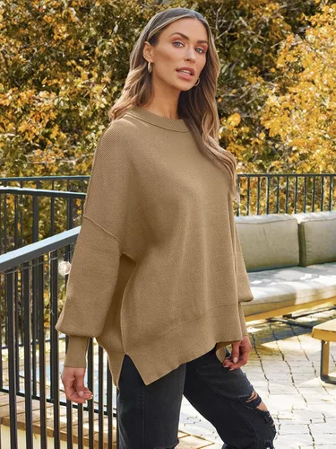 Vista 129 de Lillusory - Suéter extragrande con mangas de murciélago y cuello redondo para mujer, prenda moderna de otoño de tejido de punto sin botones