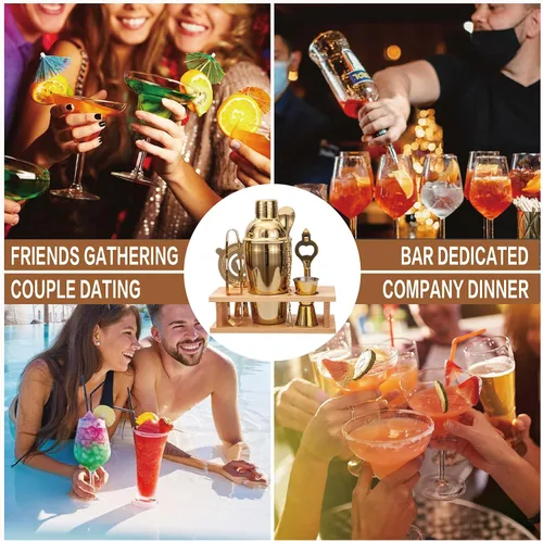 Vista 7 de JNWINOG Juego de coctelera de acero inoxidable, kit de bartending de 18.6 onzas, juego de cóctel de mezcla de bebidas, kit profesional de bar y bar