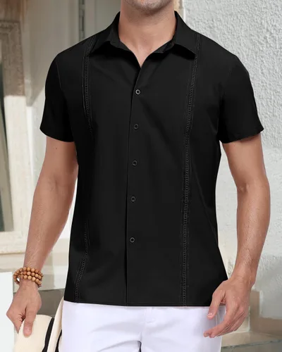 Vista 3 de Camisa de campamento cubano de manga corta para hombre, casual, verano, playa, con botones, guayabera