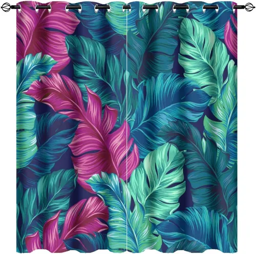 Vista 32 de Cortinas abstractas de hojas tropicales, acuarela tropical, hojas de palma, verano hawaiano, plátano, aislamiento térmico, cortinas completas