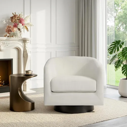 Vista 21 de Silla Giratoria de Acento de Cuero Sintético con Base de Madera, Sillas de Barril Tapizadas Modernas para Sala de Estar, Cómodo Sillón Redondo Sofá
