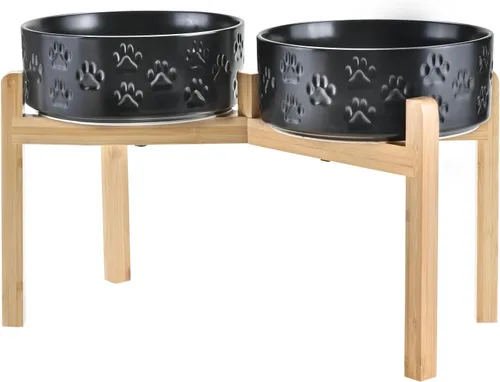 Vista 20 de SPUNKYJUNKY Cuencos elevados de cerámica para perros, 5.1 pulgadas, para comida de perros y gatos, cuencos elevados con soporte de bambú Verde oscuro