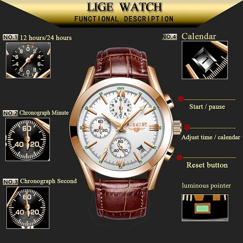 Vista 6 de LIGE Reloj analógico de cuero para hombre, reloj de pulsera de cuarzo, para citas, negocios, casual, impermeable, reloj deportivo, color negro