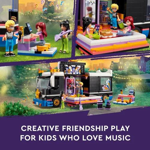 Vista 5 de LEGO Friends Pop Star Music Tour Bus Play Together juguete, juguete musical socioemocional con 4 personajes de mini-muñecas, kit de construcción