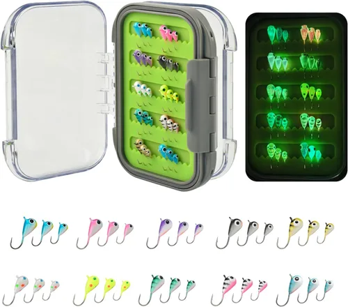 Vista 10 de Kit de Jigs de Pesca en Hielo de Tungsteno, 3.2/4/5mm Gota Lágrima que Brillan en la Oscuridad Señuelos Jigs de Pesca en Hielo con Caja de Jigs