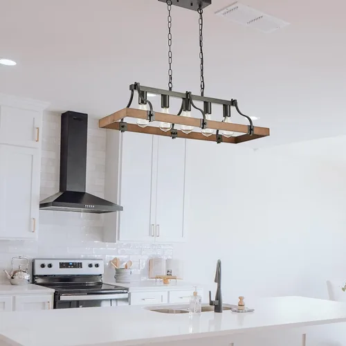 Vista 6 de Candelabros de granja para comedor, lámpara rústica de isla de cocina de 5 luces, techo rectangular industrial industrial negro