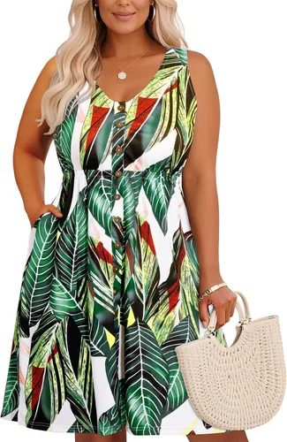 Vista 53 de Holipick Vestidos de verano para mujer, talla grande, casual, con bolsillos, acampanado, con botones, sin mangas, cuello en V