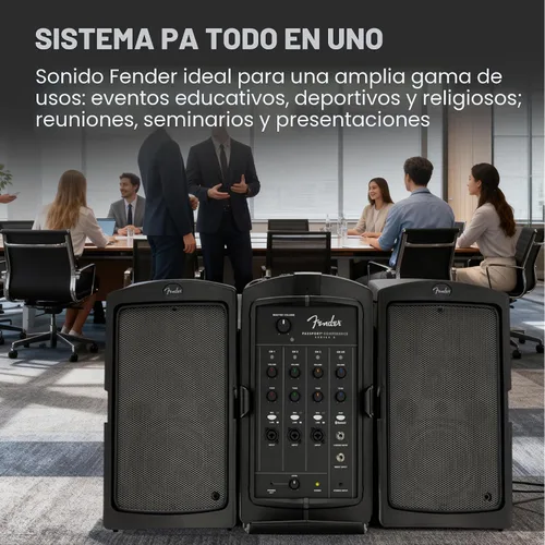 Vista 5 de Fender Paquete de sistema PA portátil Passport Conference S2 con kit de micrófono, soportes de altavoz compactos y cable de instrumento