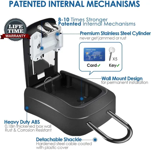Vista 4 de Caja de cerradura para llaves, caja de seguridad de combinación de 4 dígitos, soporte de pared y aleación de metal portátil, impermeable
