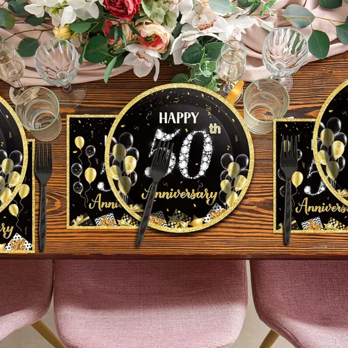 Vista 7 de 96 Piezas Platos de Papel Servilletas Tenedores para Fiesta de 50 Aniversario Empleado Carrera Boda 50 Aniversario Oro Negro Vajilla Desechable
