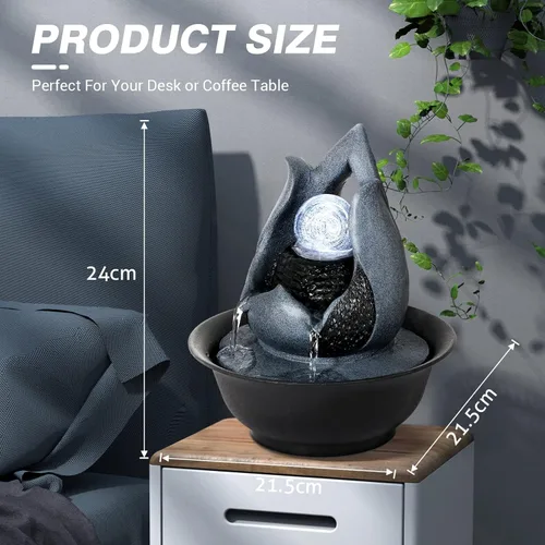 Vista 6 de WICHEMI - Fuentes de mesa de agua interior con bola rodante LED, fuente de agua Feng Shui Zen de meditación para escritorio, cascadas de agua