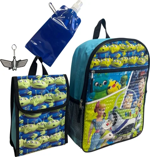 Vista 2 de Fast Forward Toy Story - Mochila grande de 5 piezas, con caja de almuerzo, llavero, botella de agua plegable y mosquetón con clip de metal