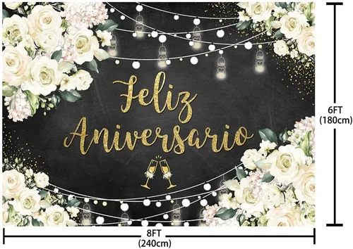 Vista 5 de AIBIIN Telón de fondo de feliz aniversario de 8 x 6 pies con temática mexicana, decoraciones de feliz aniversario, flores blancas, fondo
