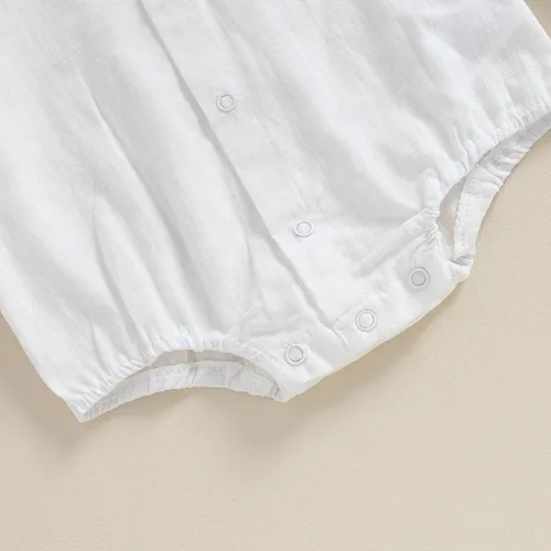 Vista 6 de Mameluco de camisa con botones para bebé, mameluco de burbujas con solapa blanca, color sólido, básico, ropa