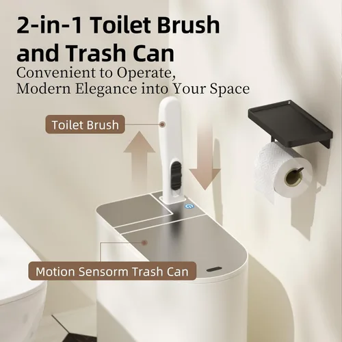 Vista 3 de Cubo de basura para baño con tapa - Bote de basura inteligente con sensor de movimiento y cepillo para inodoro, 2 galones / 7L, pequeño cubo