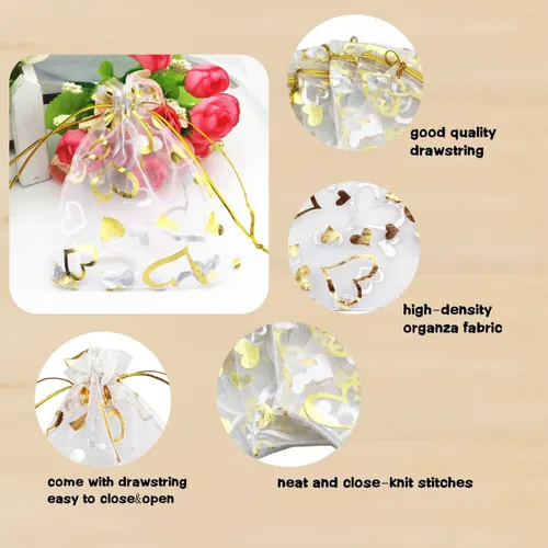Vista 4 de QIANHAILIZZ 100 unidades de 3.5 x 4.7 pulgadas, bolsa de regalo de organza con corazón de flores, bolsa de regalo, bolsa para dulces, con cordón