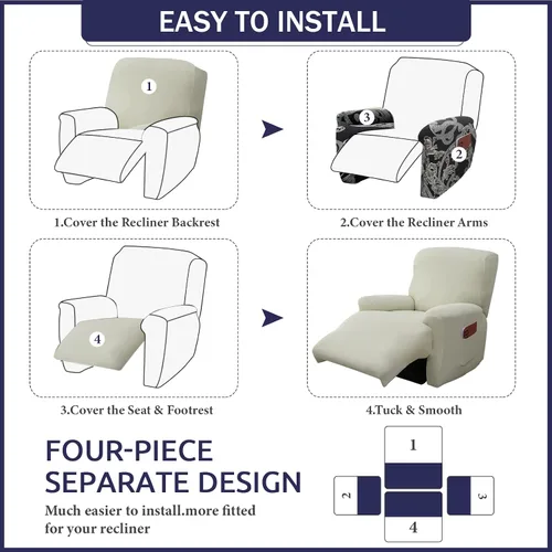 Vista 6 de Iauddy - Funda elástica para sillón reclinable de 4 piezas, protector de muebles suave y ajustado para sillón reclinable con bolsillo, funda