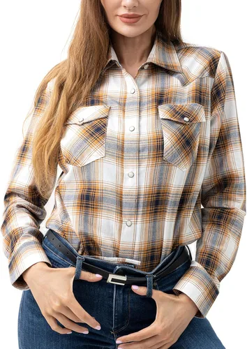 Vista 24 de PASHARTUK Camisas occidentales para mujer, camisas de manga larga de algodón para mujer con botones a presión, camisas a cuadros para mujer Beige